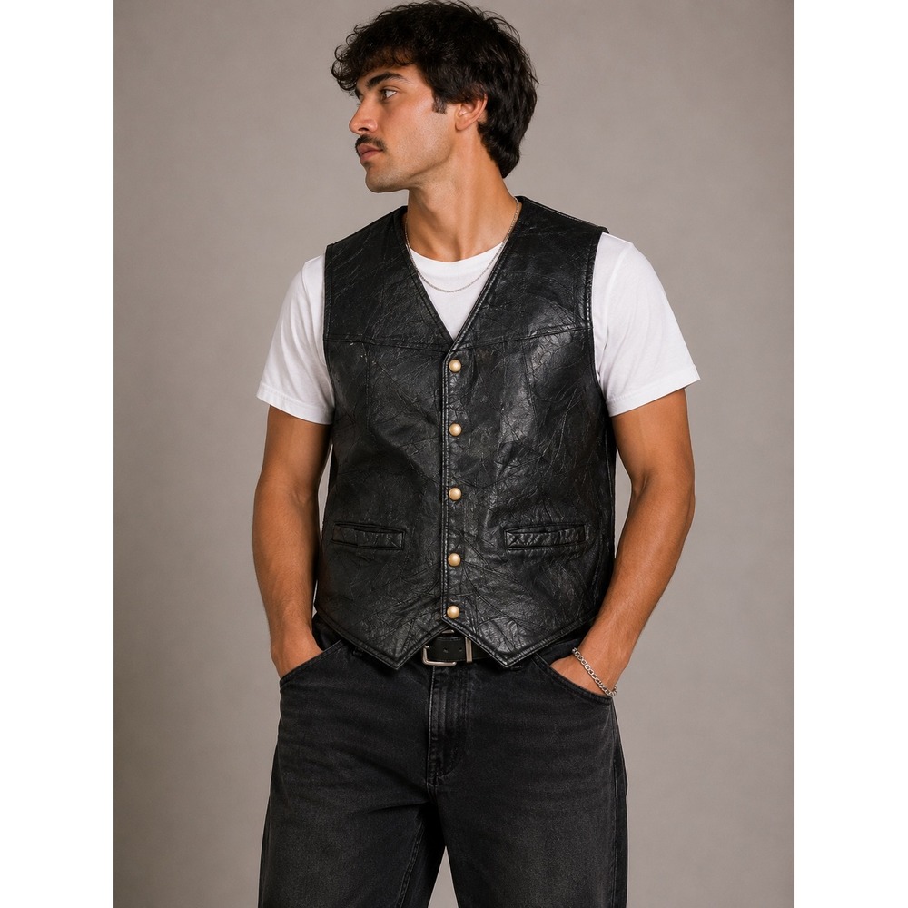 Italian Stone Design Genuine Leather Patchwork Vest Black Menswear Gents |P1